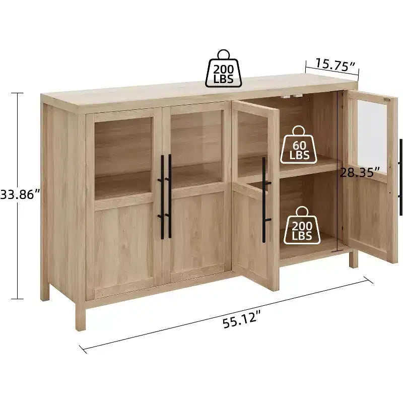 Buffet de rangement de ferme 55" avec 4 portes vitrées et étagères, organiseur de cuisine et salle à manger fin en blanc éclatant