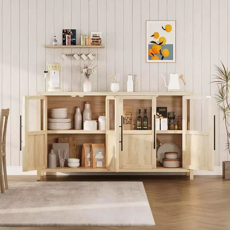 Buffet de rangement de ferme 55" avec 4 portes vitrées et étagères, organiseur de cuisine et salle à manger fin en blanc éclatant