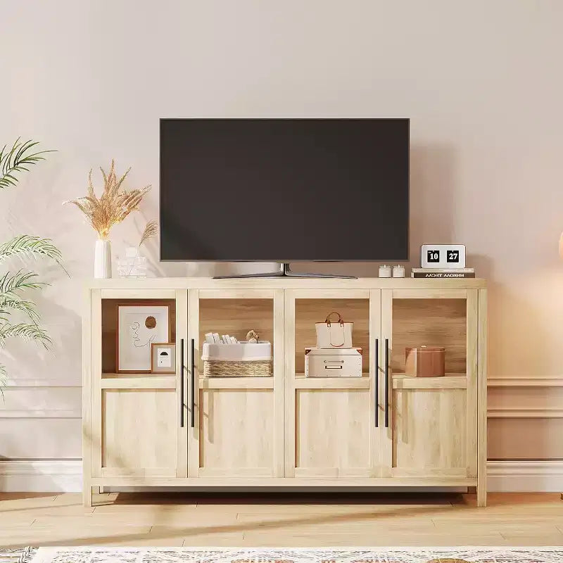 Buffet de rangement de ferme 55" avec 4 portes vitrées et étagères, organiseur de cuisine et salle à manger fin en blanc éclatant
