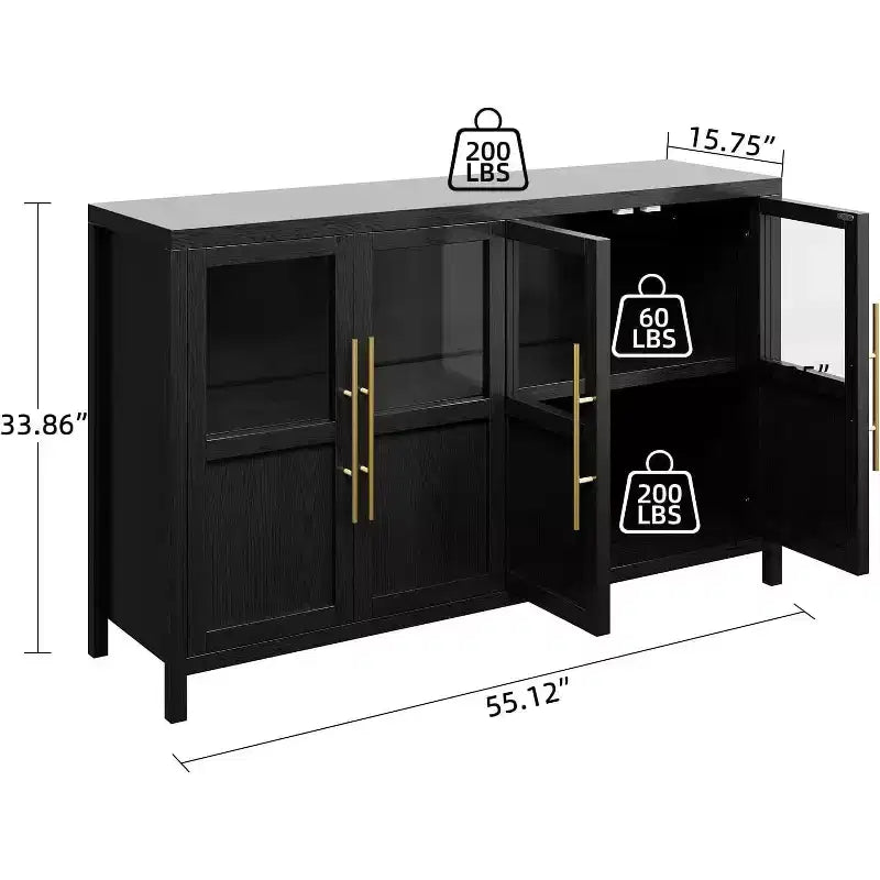 Buffet de rangement de ferme 55" avec 4 portes vitrées et étagères, organiseur de cuisine et salle à manger fin en blanc éclatant