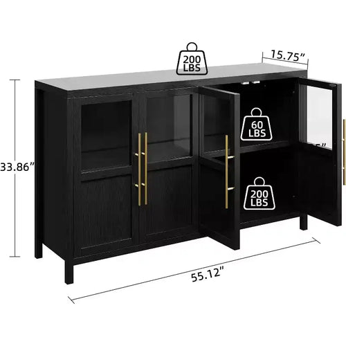 Buffet de rangement de ferme 55" avec 4 portes vitrées et étagères, organiseur de cuisine et salle à manger fin en blanc éclatant