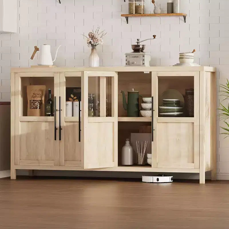 Buffet de rangement de ferme 55" avec 4 portes vitrées et étagères, organiseur de cuisine et salle à manger fin en blanc éclatant