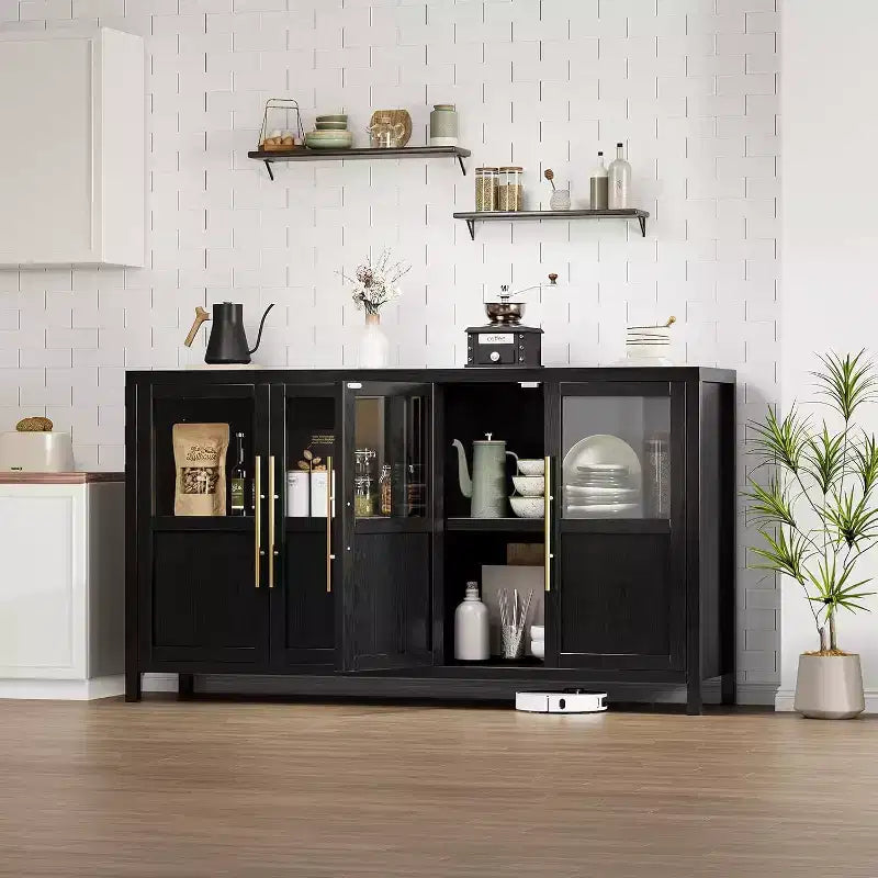 Buffet de rangement de ferme 55" avec 4 portes vitrées et étagères, organiseur de cuisine et salle à manger fin en blanc éclatant