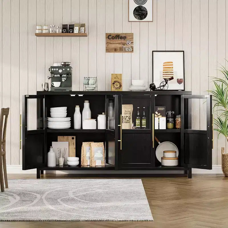 Buffet de rangement de ferme 55" avec 4 portes vitrées et étagères, organiseur de cuisine et salle à manger fin en blanc éclatant