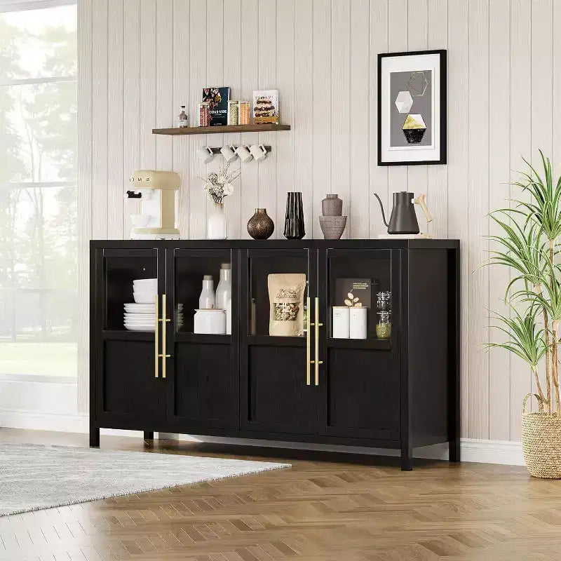 Buffet de rangement de ferme 55" avec 4 portes vitrées et étagères, organiseur de cuisine et salle à manger fin en blanc éclatant