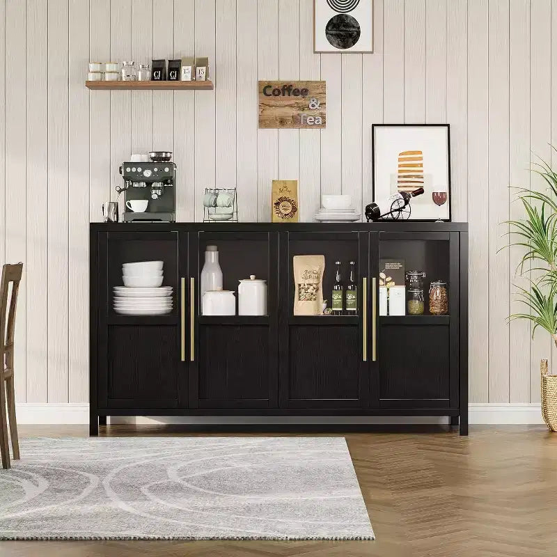 Acekool 55 Farmhouse Storage Cabinet  4 Glass Door Sideboard with Shelves, Slim Kitchen & Dining Organizer in Crisp White
