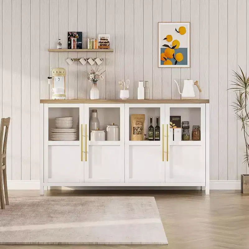 Buffet de rangement de ferme 55" avec 4 portes vitrées et étagères, organiseur de cuisine et salle à manger fin en blanc éclatant