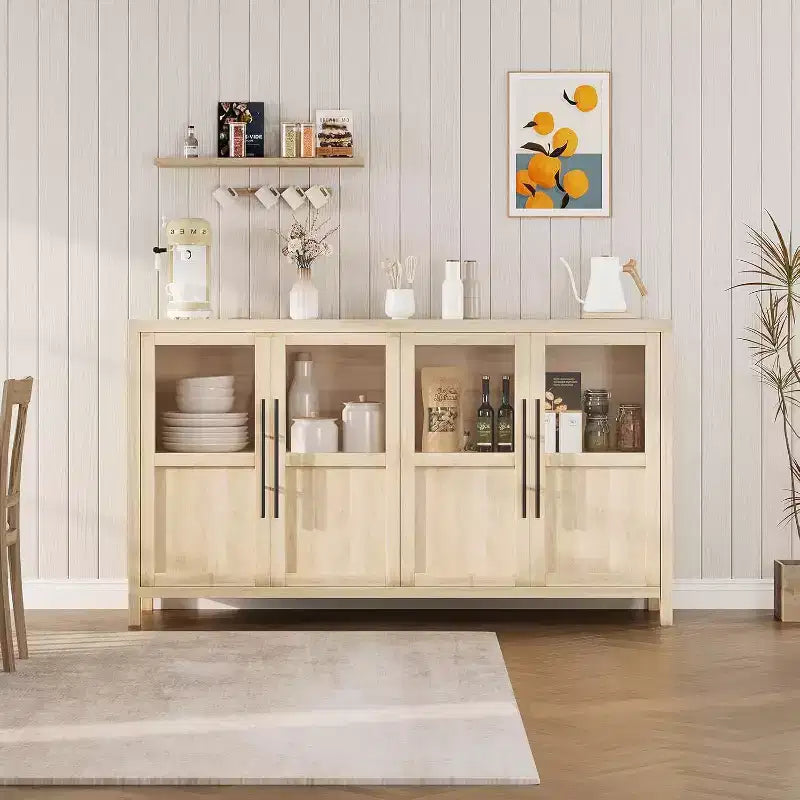Buffet de rangement de ferme 55" avec 4 portes vitrées et étagères, organiseur de cuisine et salle à manger fin en blanc éclatant