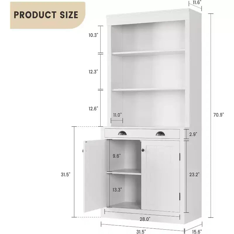 Bibliothèque haute de 180 cm avec tiroir, Bibliothèque avec porte et 2 tiroirs, Bibliothèques en bois Rangement pour la maison, le bureau, le salon