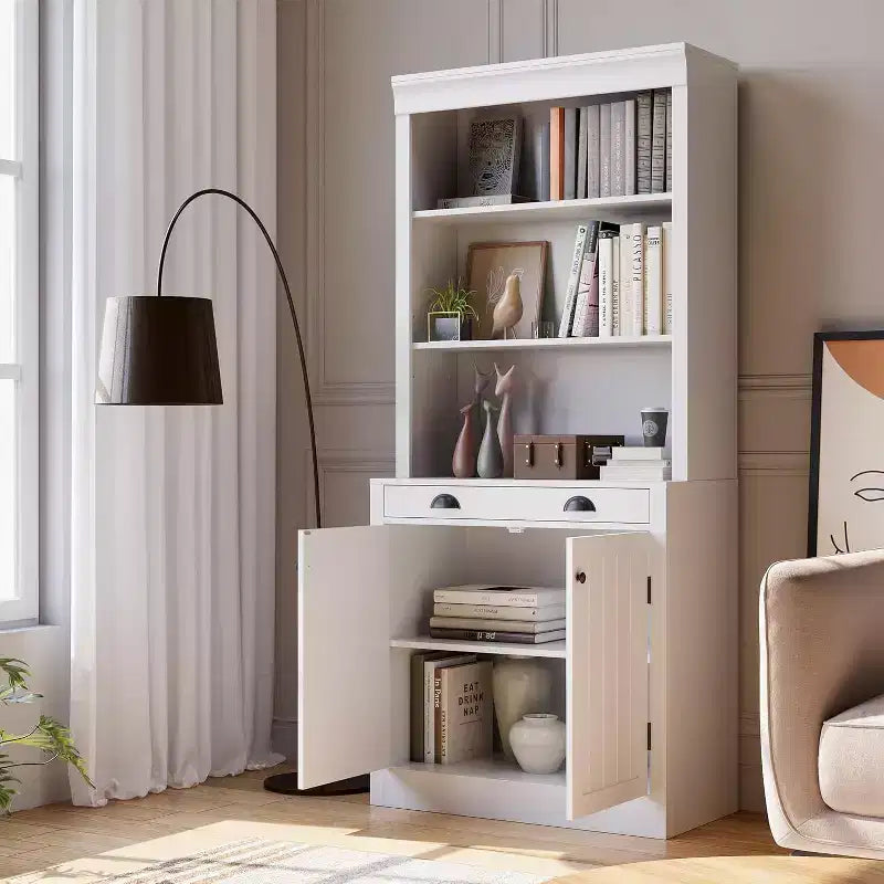 Bibliothèque haute de 180 cm avec tiroir, Bibliothèque avec porte et 2 tiroirs, Bibliothèques en bois Rangement pour la maison, le bureau, le salon