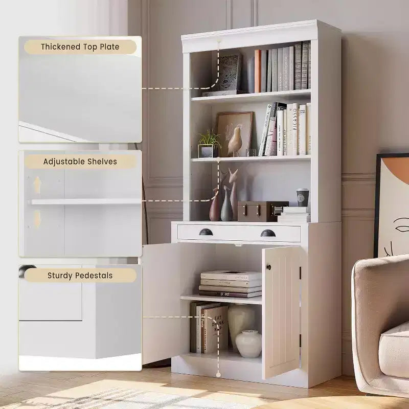 Bibliothèque haute de 180 cm avec tiroir, Bibliothèque avec porte et 2 tiroirs, Bibliothèques en bois Rangement pour la maison, le bureau, le salon