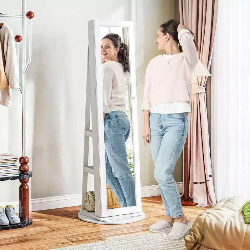 Armoire à bijoux, armoire à bijoux pivotante à 360° avec miroir pleine longueur, étagères de rangement, petit miroir intérieur, pour chambre à coucher et salon
