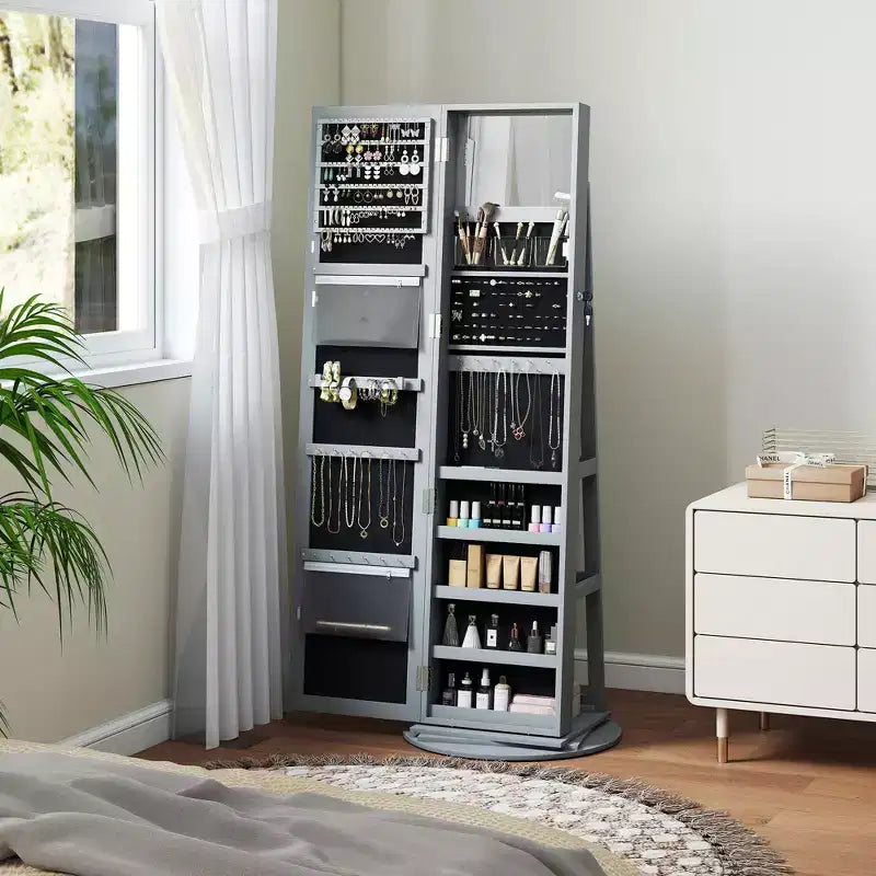 Armoire à bijoux, armoire à bijoux pivotante à 360° avec miroir pleine longueur, étagères de rangement, petit miroir intérieur, pour chambre à coucher et salon