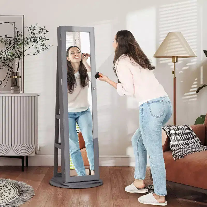 Armoire à bijoux, armoire à bijoux pivotante à 360° avec miroir pleine longueur, étagères de rangement, petit miroir intérieur, pour chambre à coucher et salon