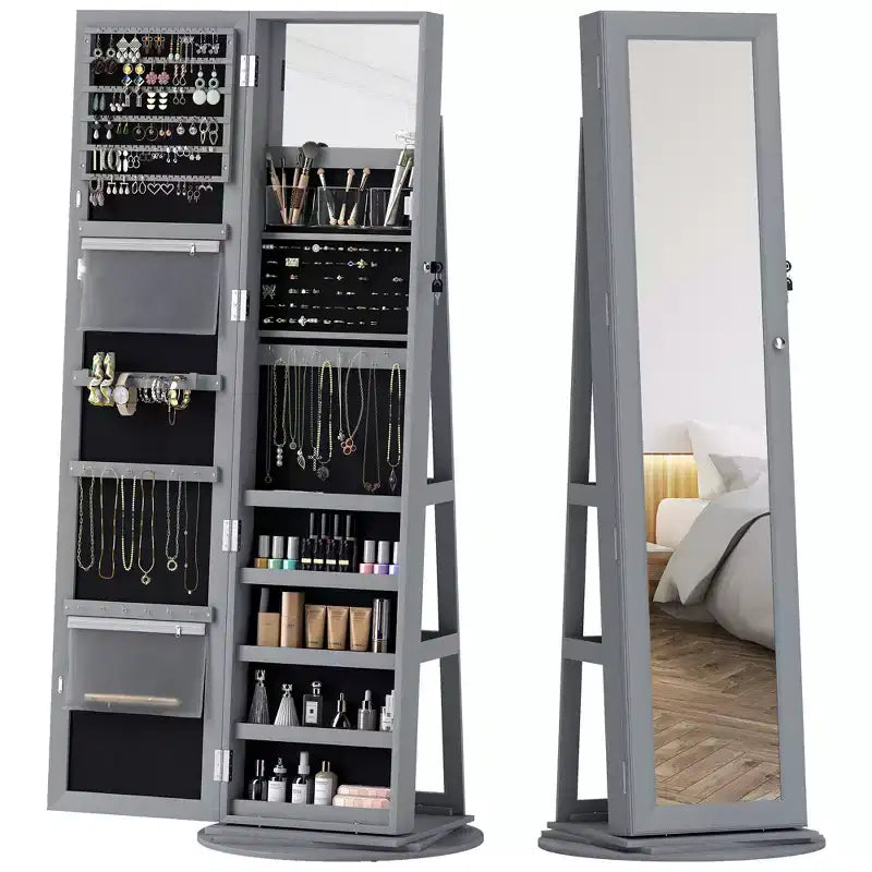 Armoire à bijoux, armoire à bijoux pivotante à 360° avec miroir pleine longueur, étagères de rangement, petit miroir intérieur, pour chambre à coucher et salon