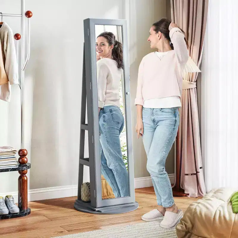 Armoire à bijoux, armoire à bijoux pivotante à 360° avec miroir pleine longueur, étagères de rangement, petit miroir intérieur, pour chambre à coucher et salon