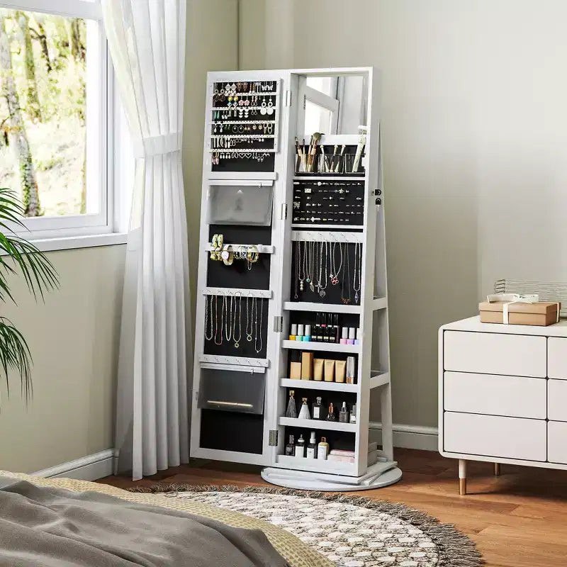 Armoire à bijoux, armoire à bijoux pivotante à 360° avec miroir pleine longueur, étagères de rangement, petit miroir intérieur, pour chambre à coucher et salon