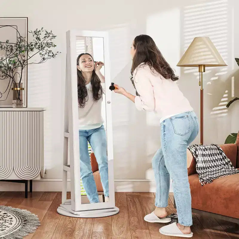 Armoire à bijoux, armoire à bijoux pivotante à 360° avec miroir pleine longueur, étagères de rangement, petit miroir intérieur, pour chambre à coucher et salon