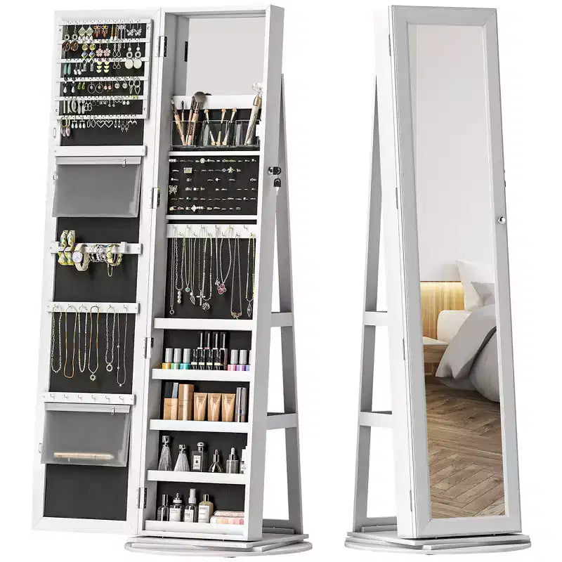 Armoire à bijoux, armoire à bijoux pivotante à 360° avec miroir pleine longueur, étagères de rangement, petit miroir intérieur, pour chambre à coucher et salon