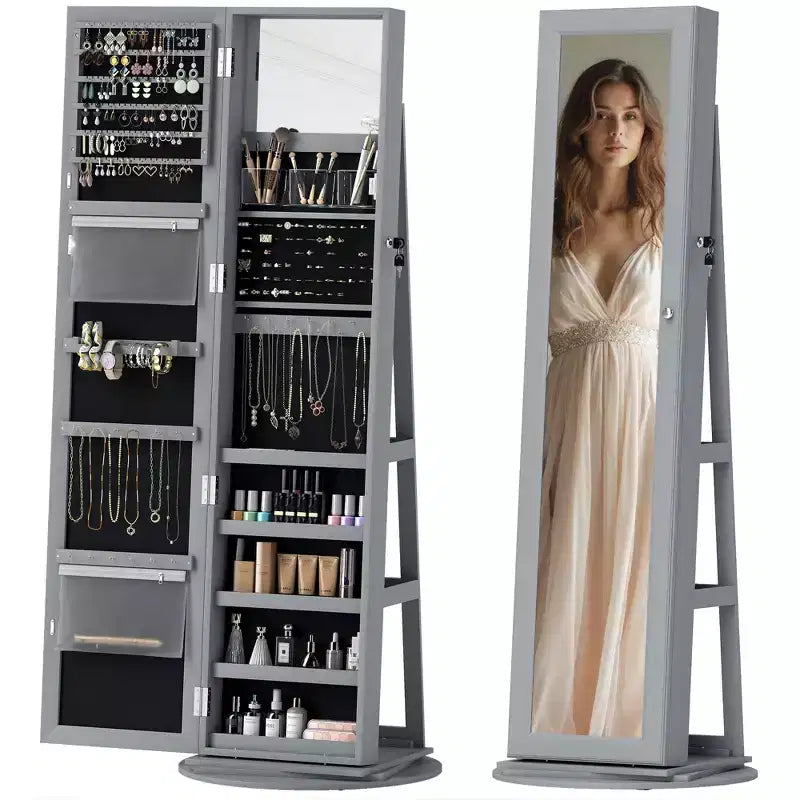 HOMCOM Jewelry Cabinet, 360 Swivel Jewelry Armoire with Full-Length Mirror, Storage Shelves, Interior Small Mirror, for Bedroom Living Room