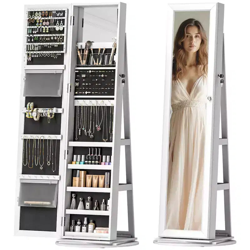 Armoire à bijoux, armoire à bijoux pivotante à 360° avec miroir pleine longueur, étagères de rangement, petit miroir intérieur, pour chambre à coucher et salon