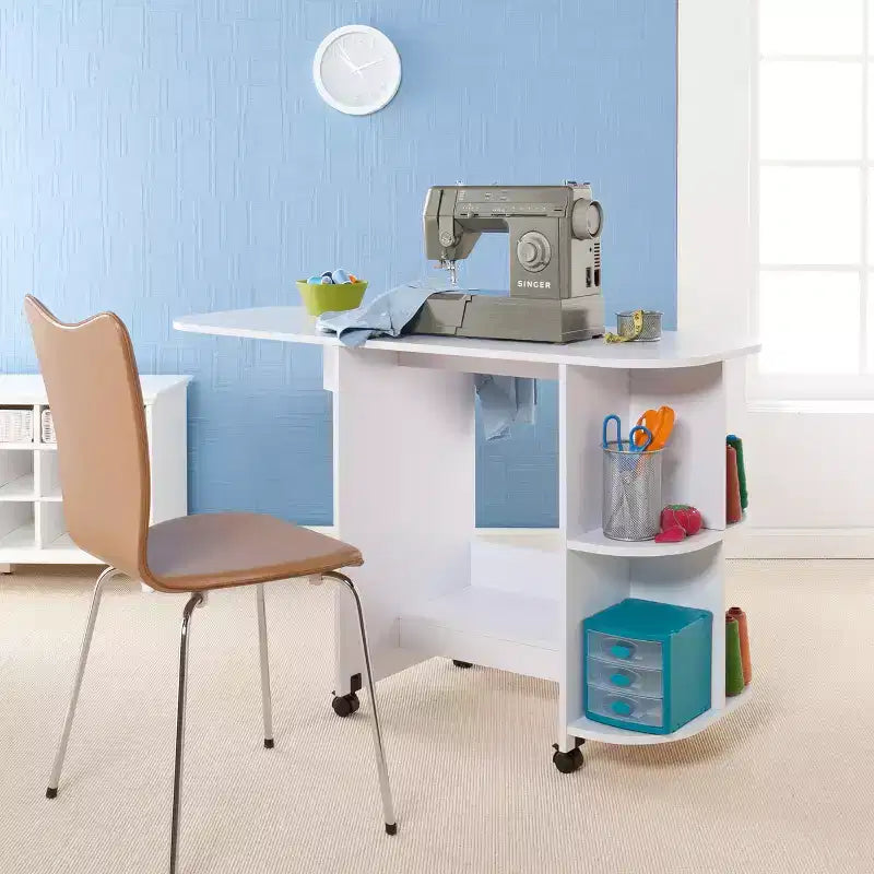 Table de couture/station d'artisanat roulante extensible - Blanche