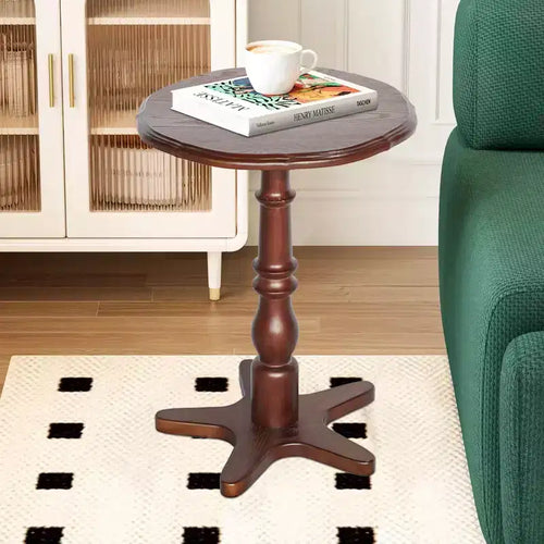 MAYEERTY 15.75 Round Coffee Table, Wooden Pedestal Side Coffee Tables, Vintage Accent Nightstand for Living Room Brown