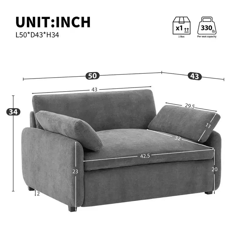 Fauteuil chenille surdimensionné avec assise profonde et coussins décoratifs