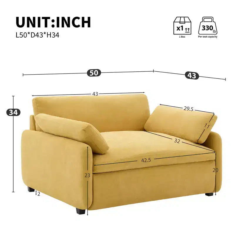 Fauteuil chenille surdimensionné avec assise profonde et coussins décoratifs