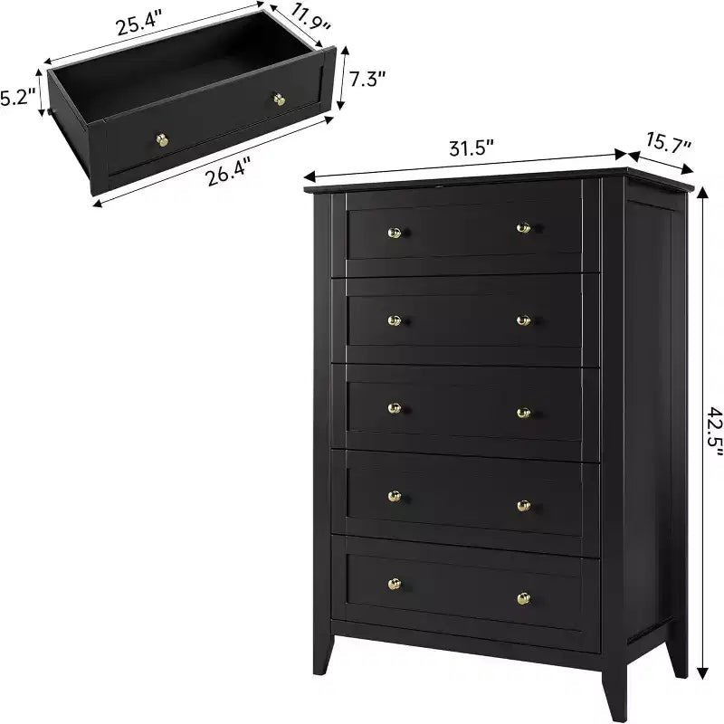 Commode en bois à cinq tiroirs profonds et poignées métalliques