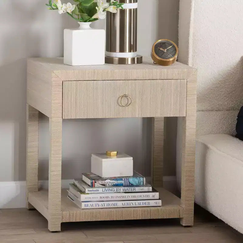 bali & pari Nata Bohemian Woven Natural Grasscloth 1-Drawer Nightstand