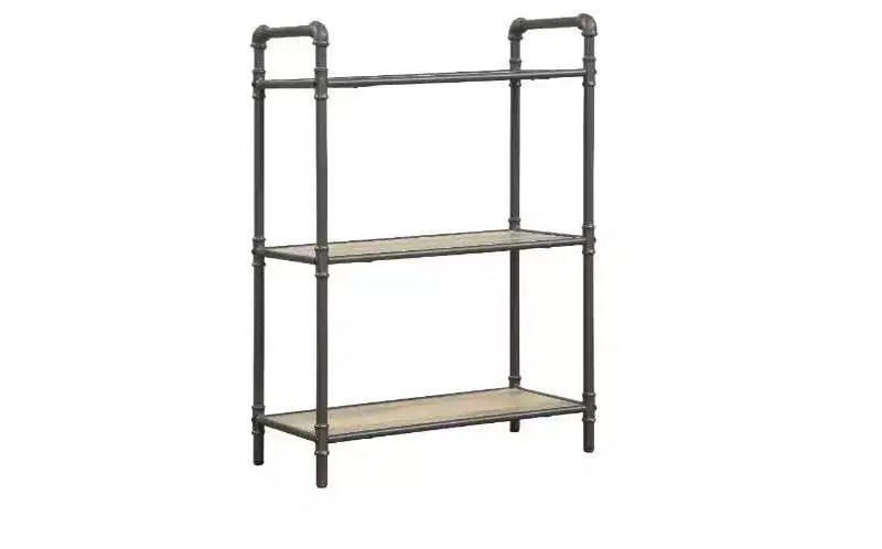 HomeRoots 36 Antique Oak and Sandy Gray Metal Three Tier Standard Bookcase