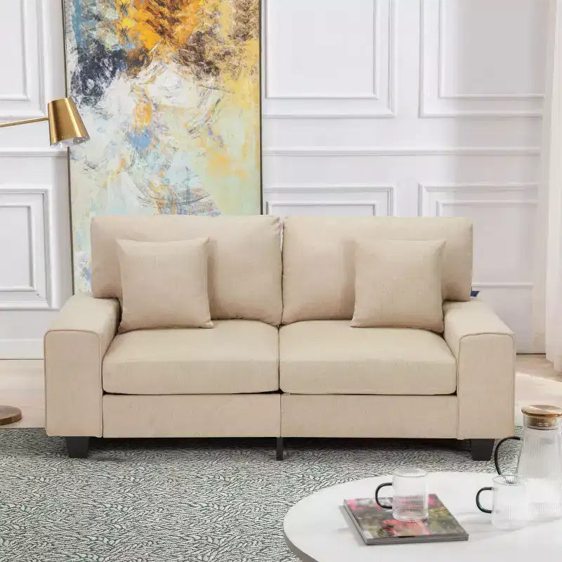Canapé deux places en lin de 180 cm, canapé deux places rembourré avec 2 coussins extra doux et rangement latéral pratique, confortable et élégant
