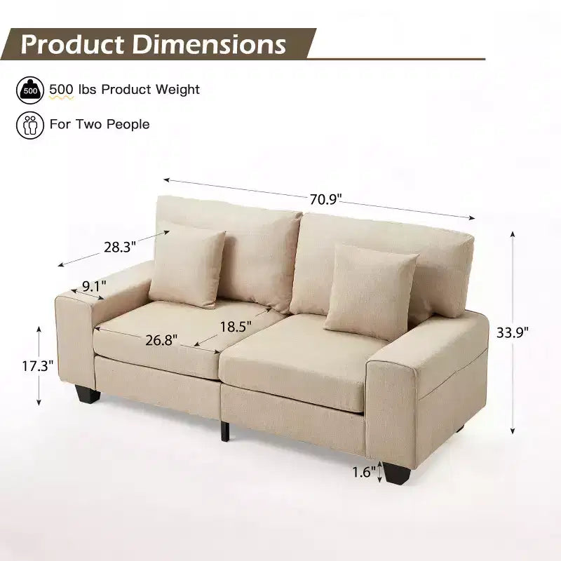 Canapé deux places en lin de 180 cm, canapé deux places rembourré avec 2 coussins extra doux et rangement latéral pratique, confortable et élégant