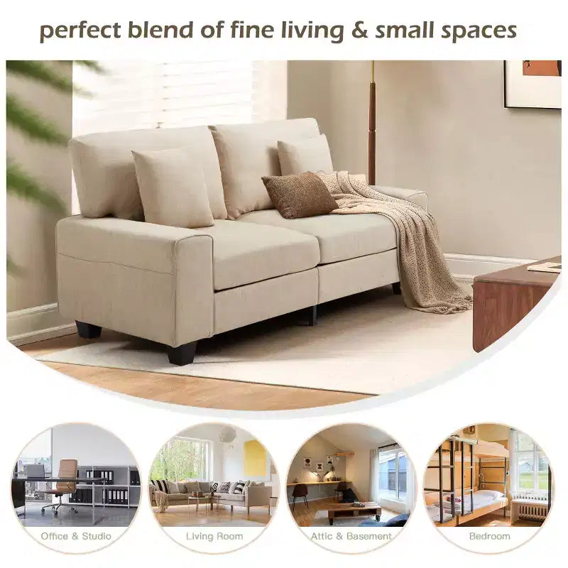 Canapé deux places en lin de 180 cm, canapé deux places rembourré avec 2 coussins extra doux et rangement latéral pratique, confortable et élégant