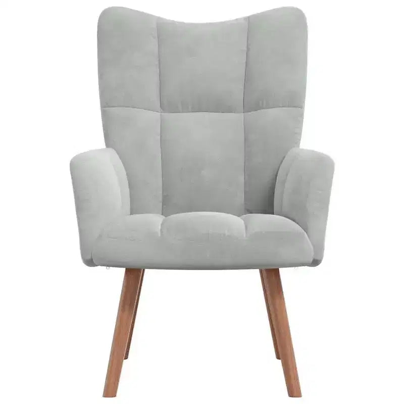 Fauteuil moderne en velours gris clair avec pieds en bois, assise en mousse épaisse rembourrée, blocs esthétiques sur le dossier - Gris clair