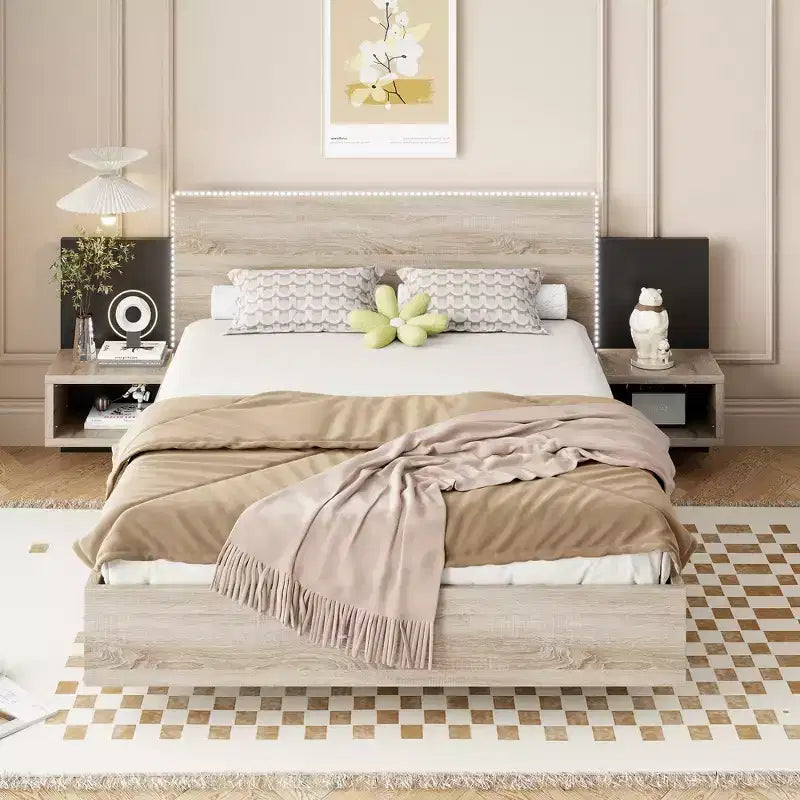 Okak Queen/King Floating Platform Bed Frame with Bedside Nightstand Bed with LED Strong Wood Slats No Springs Required Easy to Assemble