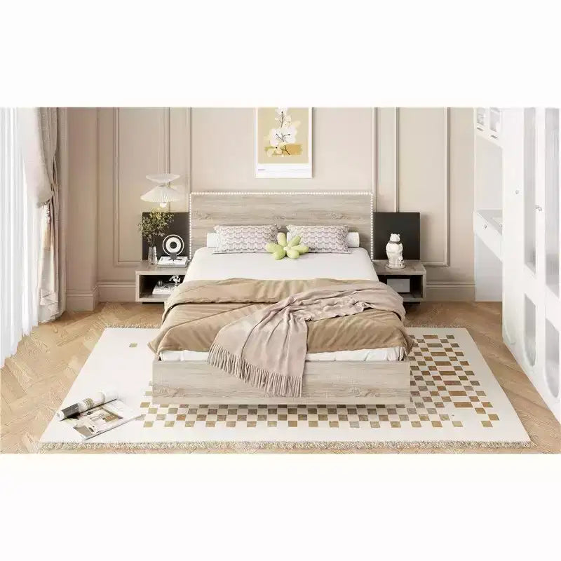 Cadre de lit plateforme flottant Queen/King avec table de chevet intégrée, lit avec LED, lattes en bois solides, pas besoin de sommier, facile à assembler