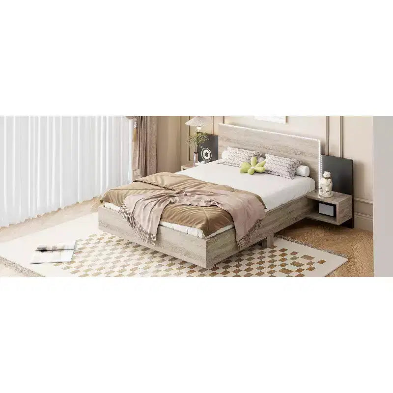 Cadre de lit plateforme flottant Queen/King avec table de chevet intégrée, lit avec LED, lattes en bois solides, pas besoin de sommier, facile à assembler