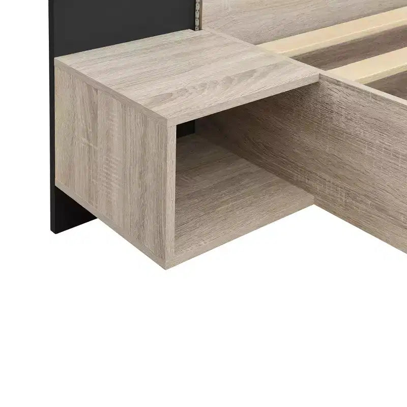 Cadre de lit plateforme flottant Queen/King avec table de chevet intégrée, lit avec LED, lattes en bois solides, pas besoin de sommier, facile à assembler