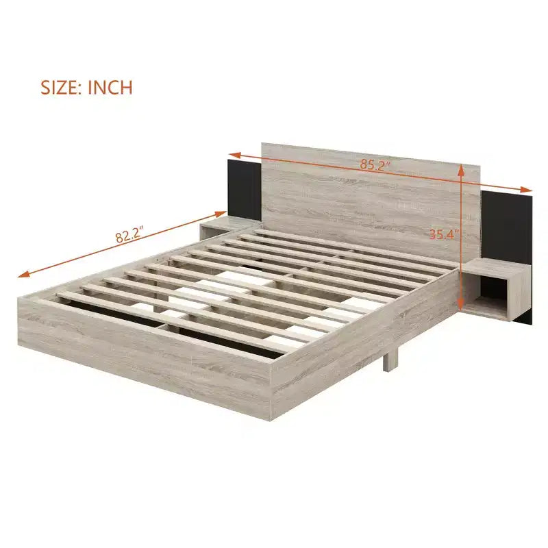 Cadre de lit plateforme flottant Queen/King avec table de chevet intégrée, lit avec LED, lattes en bois solides, pas besoin de sommier, facile à assembler