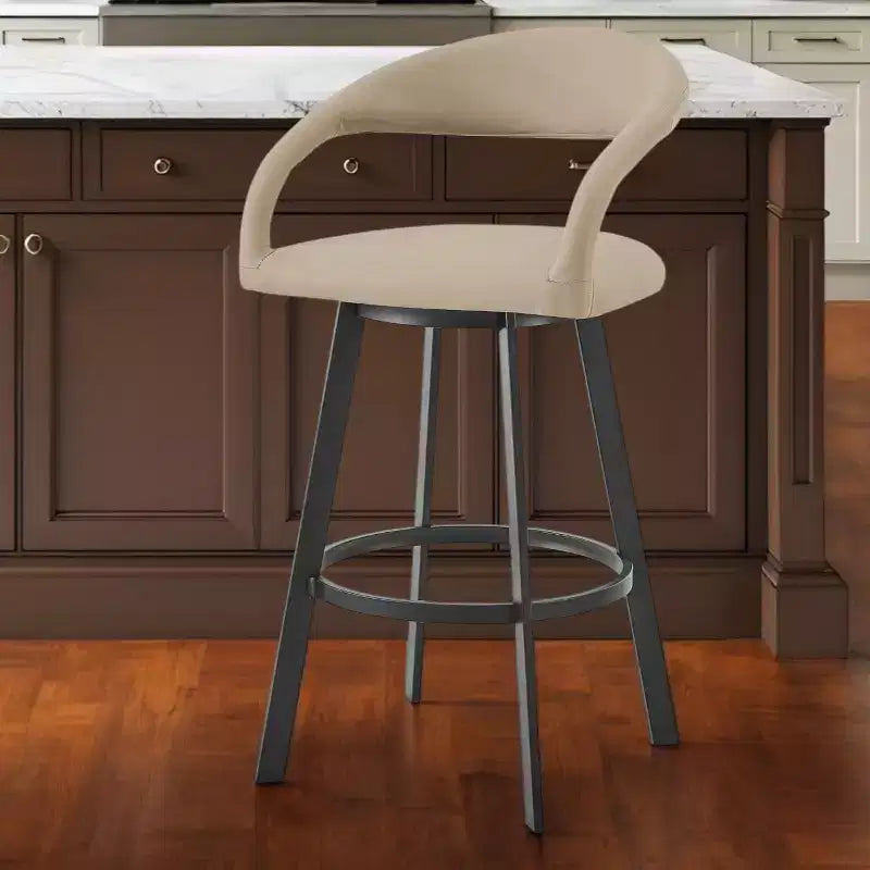 26 tabourets de bar pivotants mi-hauteur en similicuir beige et noir et fer forgé à dossier bas