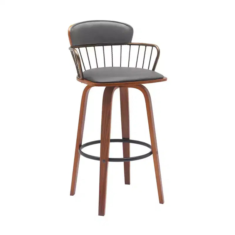 HomeRoots 30 Gray And Wood Brown Faux Leather Swivel Low Back Bar Height Bar Chair
