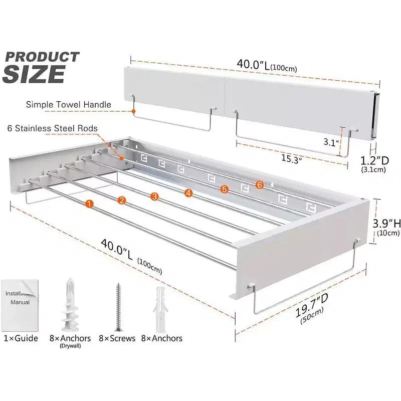Séchoir à Linge Mural Pliant d'Intérieur, Étendoir à Linge Pliable Invisible Gain de Place Rétractable pour Serviettes avec Gabarit de Fixation Murale