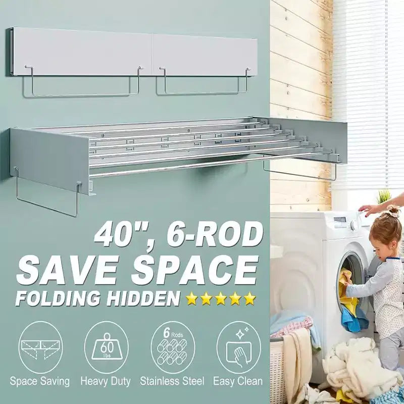 Séchoir à Linge Mural Pliant d'Intérieur, Étendoir à Linge Pliable Invisible Gain de Place Rétractable pour Serviettes avec Gabarit de Fixation Murale