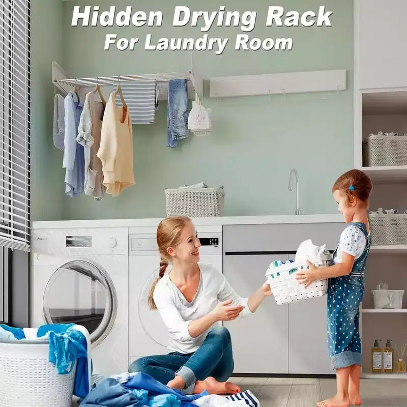 Séchoir à Linge Mural Pliant d'Intérieur, Étendoir à Linge Pliable Invisible Gain de Place Rétractable pour Serviettes avec Gabarit de Fixation Murale