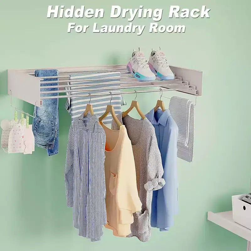 Séchoir à Linge Mural Pliant d'Intérieur, Étendoir à Linge Pliable Invisible Gain de Place Rétractable pour Serviettes avec Gabarit de Fixation Murale