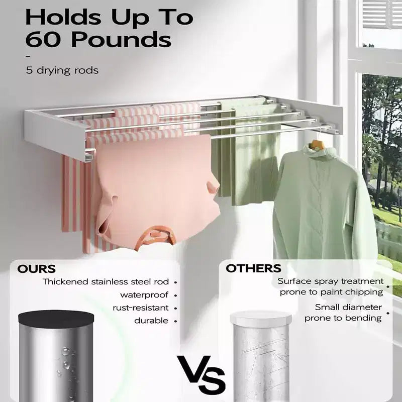 Séchoir à Linge Mural Pliant d'Intérieur, Étendoir à Linge Pliable Invisible Gain de Place Rétractable pour Serviettes avec Gabarit de Fixation Murale