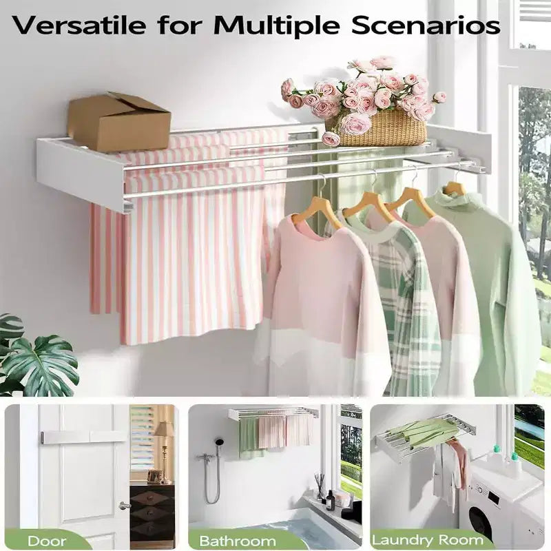 Séchoir à Linge Mural Pliant d'Intérieur, Étendoir à Linge Pliable Invisible Gain de Place Rétractable pour Serviettes avec Gabarit de Fixation Murale
