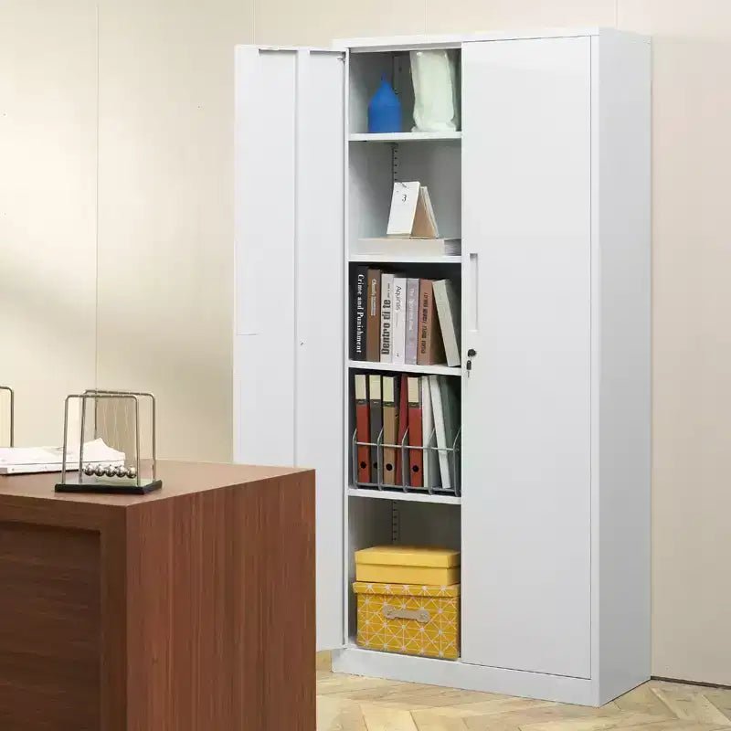 Armoire de rangement en métal, armoire de rangement verrouillable en acier avec 2 portes magnétiques et 4 étagères réglables, armoire métallique de 180 cm, capacité de 90 kg, blanc